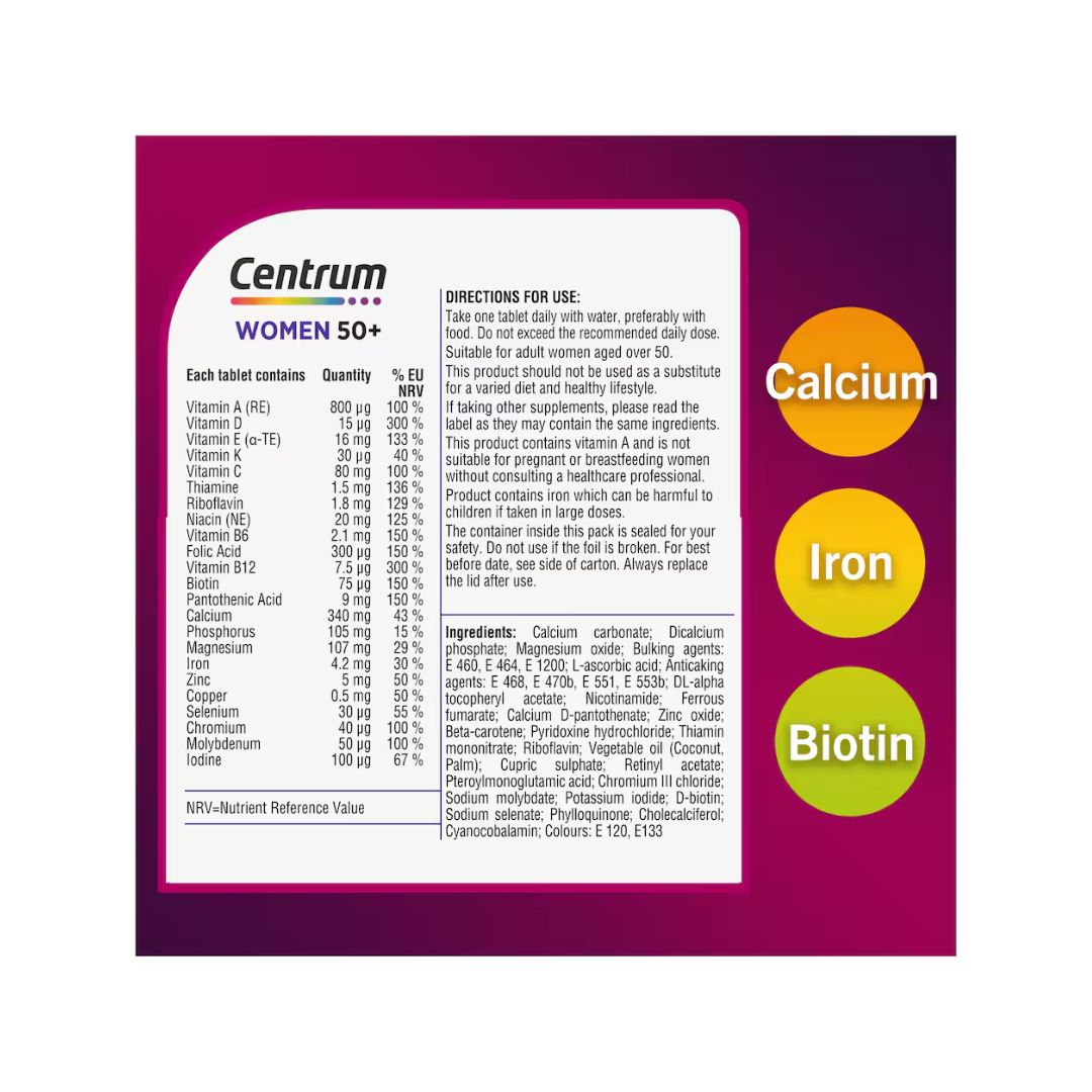 Centrum Multivitamin Women 50+ nutritional information chart