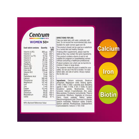 Centrum Multivitamin Women 50+ nutritional information chart