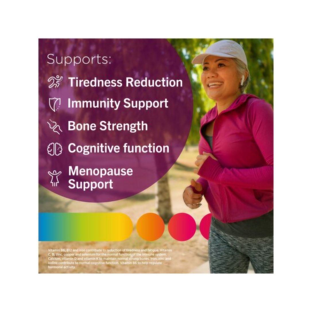 Centrum Multivitamin Women 50+ benefits graphic with a woman running