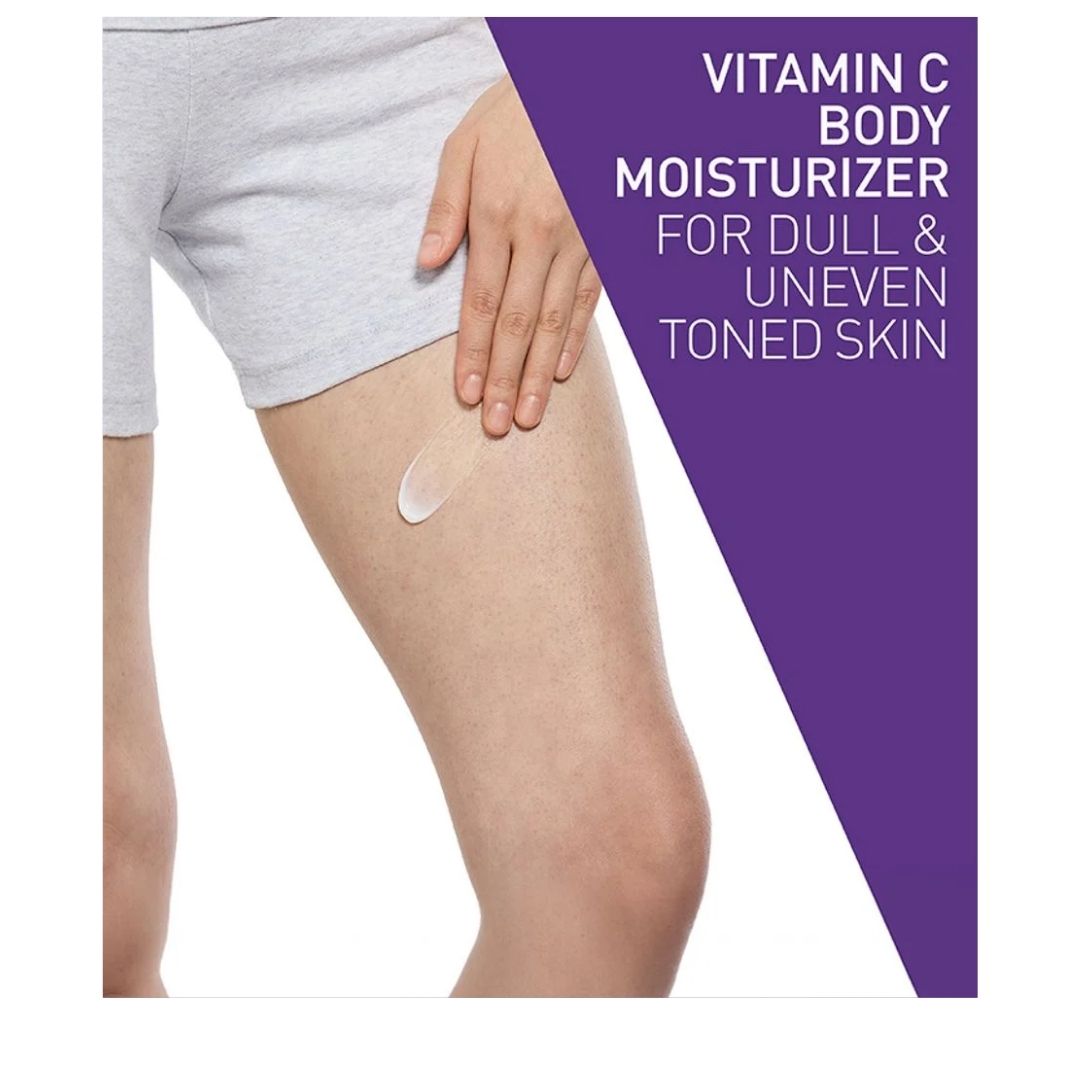 CeraVe Brightening Vitamin C Lotion 236ml 'VITAMIN C BODY MOISTURIZER' graphic on a photo of someone putting cream on their thigh