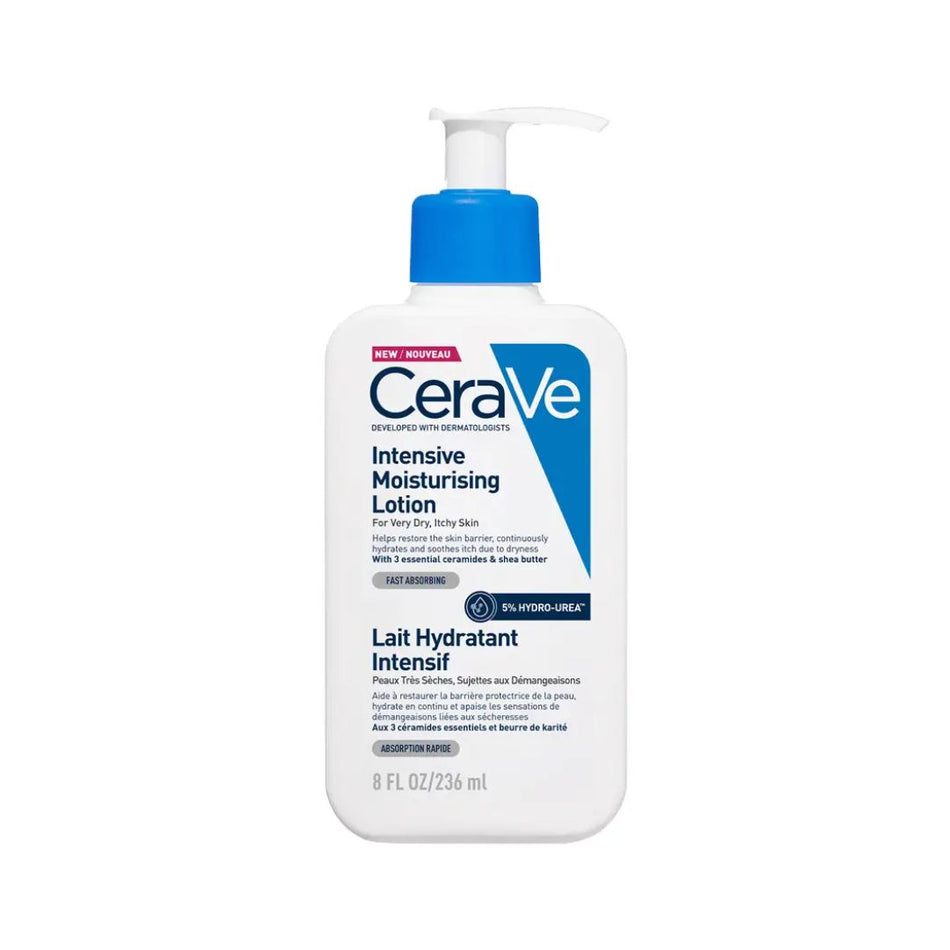CeraVe Intensive Moisturising Lotion in a 8 fl oz white pump bottle with a blue cap and blue label accents, shown on a plain white background.