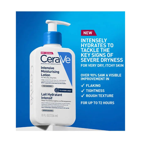 CeraVe Intensive Moisturising Lotion bottle on a blue promotional background with white text and a red 'NEW' badge.