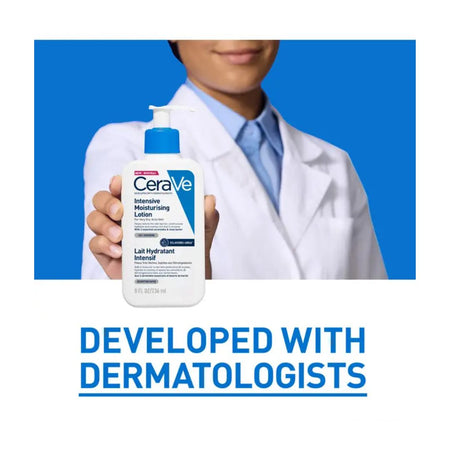 A person in a white lab coat holds a bottle of CeraVe Intensive Moisturizing Lotion against a bright blue background, with the text 'DEVELOPED WITH DERMATOLOGISTS' below.
