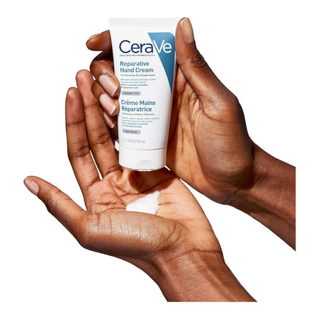 CeraVe Reparative Hand Cream in a white squeeze tube, shown from the back on a plain white background.