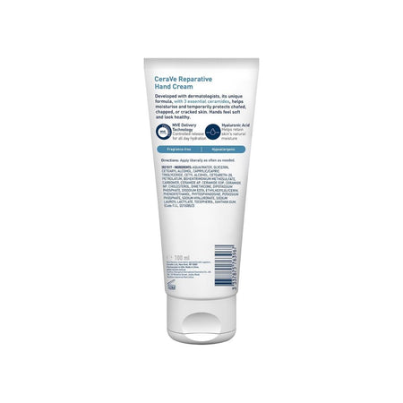 CeraVe Reparative Hand Cream in a white squeeze tube, shown from the back on a plain white background.