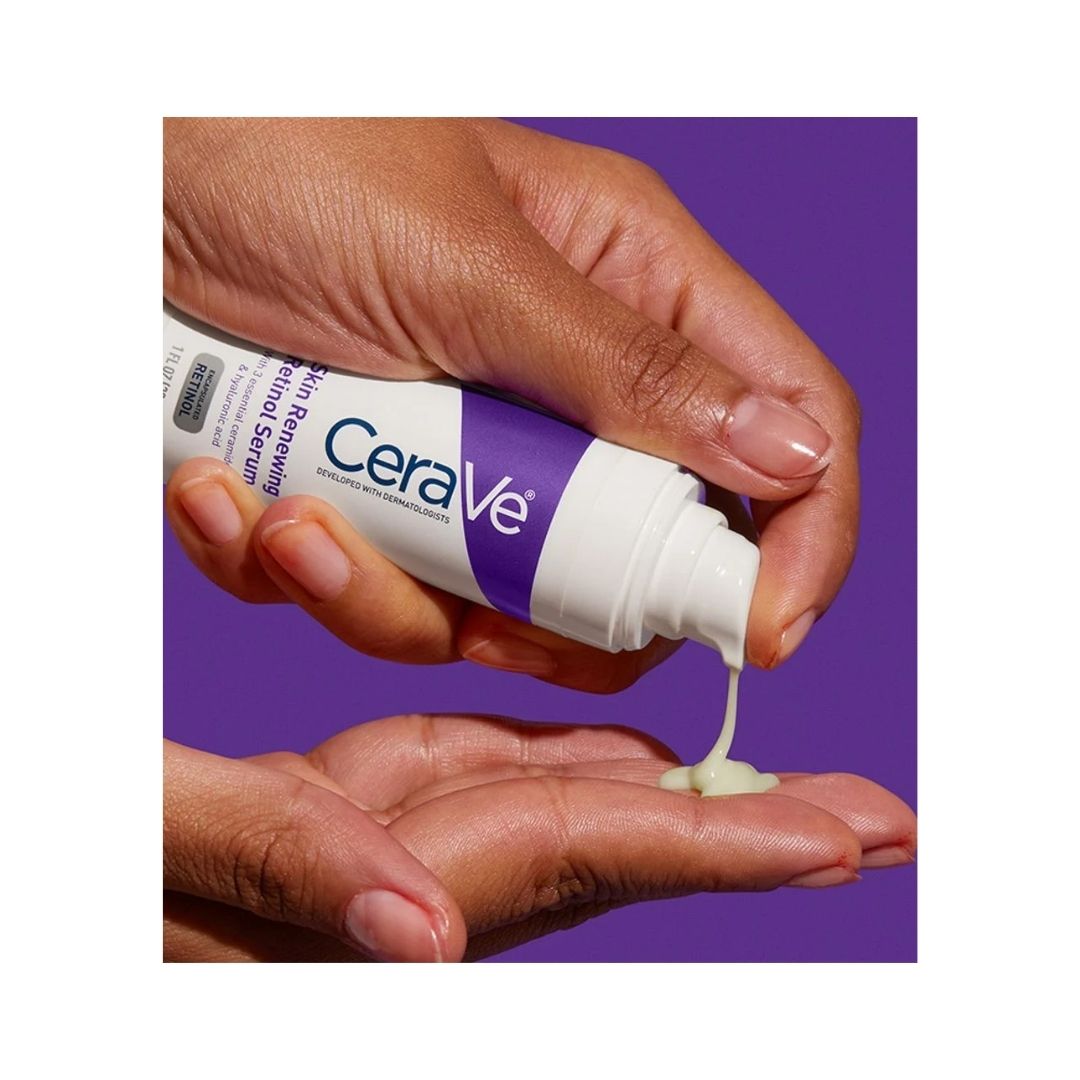 CeraVe Skin Renewing Retinol Serum being pumped onto a man's hands