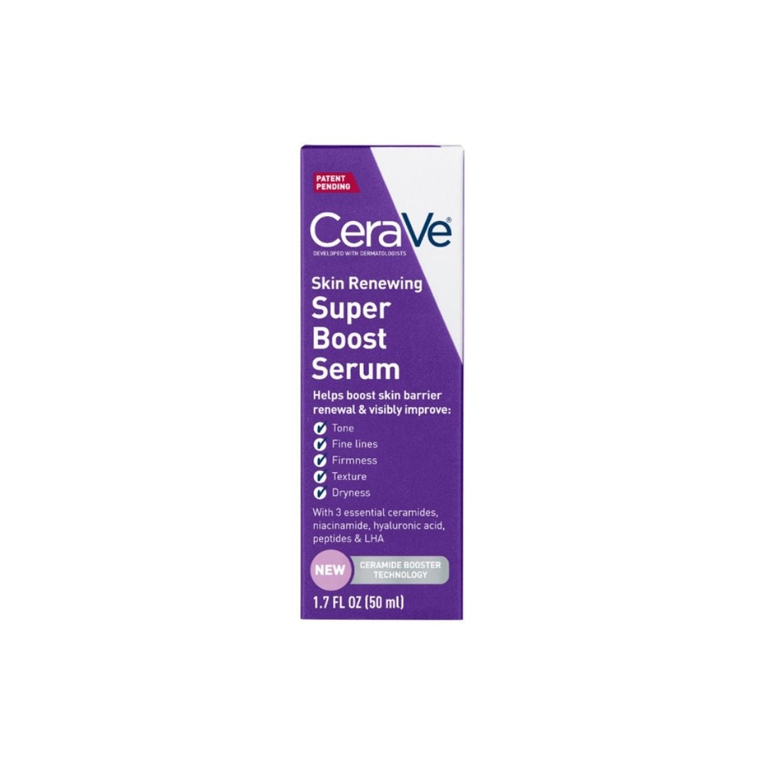 CeraVe Skin Renewing Super Boost Serum purple packaging on a white background