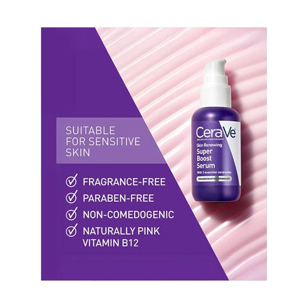 CeraVe Skin Renewing Super Boost Serum 'SUITABLE FOR SENSITIVE SKIN' informative graphic with a photo of the product bottle
