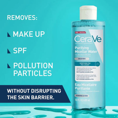 CeraVe Purifying Micellar Water bottle on a blue background with text listing product benefits.