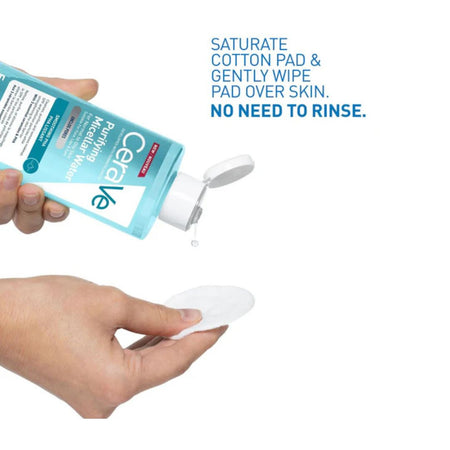 A hand holds a bottle of Cerave Purifying Micellar Water while tilting it to pour liquid onto a white cotton pad held by another hand. Blue text on the right reads, 'SATURATE COTTON PAD & GENTLY WIPE PAD OVER SKIN.