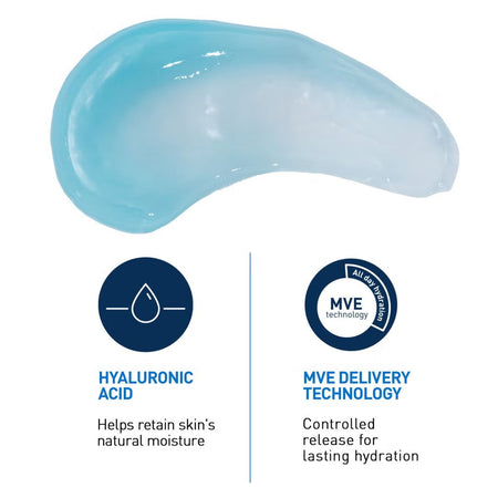Blue gel product with hyaluronic acid and MVE delivery technology labels on a white background