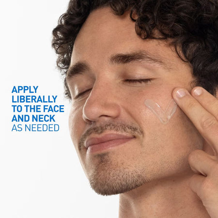 Man applying cream to his face with text on a white background