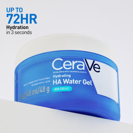 CeraVe Hydrating HA Water Gel container with text about hydration duration on a light gray background