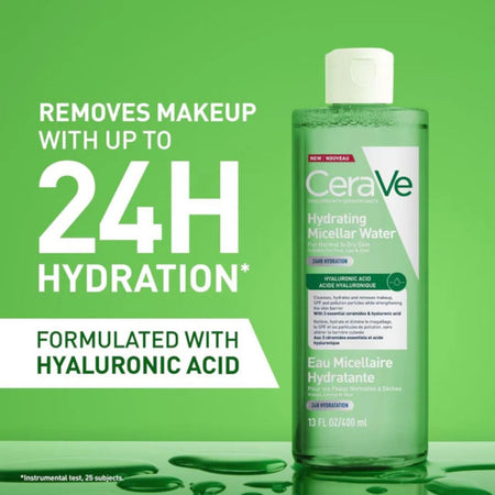 CeraVe Hydrating Micellar Water bottle on a green background with text highlighting hydration benefits.