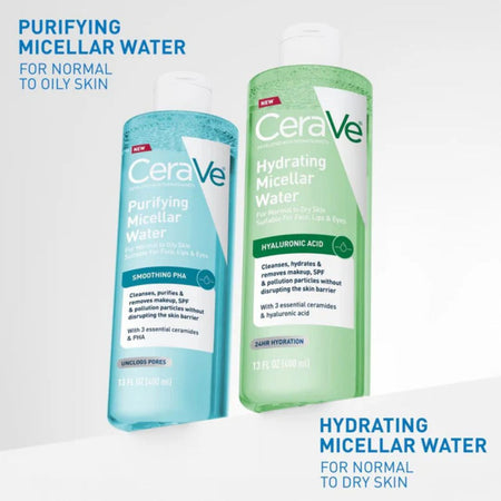 Two bottles of CeraVe micellar water on a white background