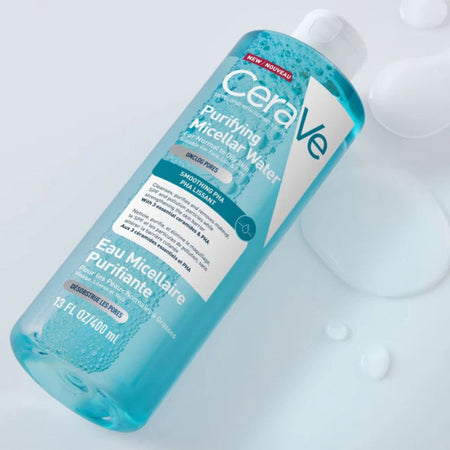 CeraVe purifying micellar water bottle on a light background