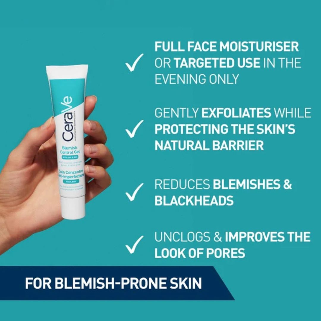 CeraVe facial moisturizer tube held by a hand with product benefits text on a teal background
