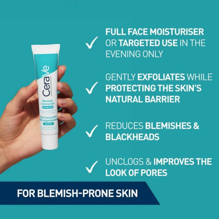 CeraVe facial moisturizer tube held by a hand with product benefits text on a teal background