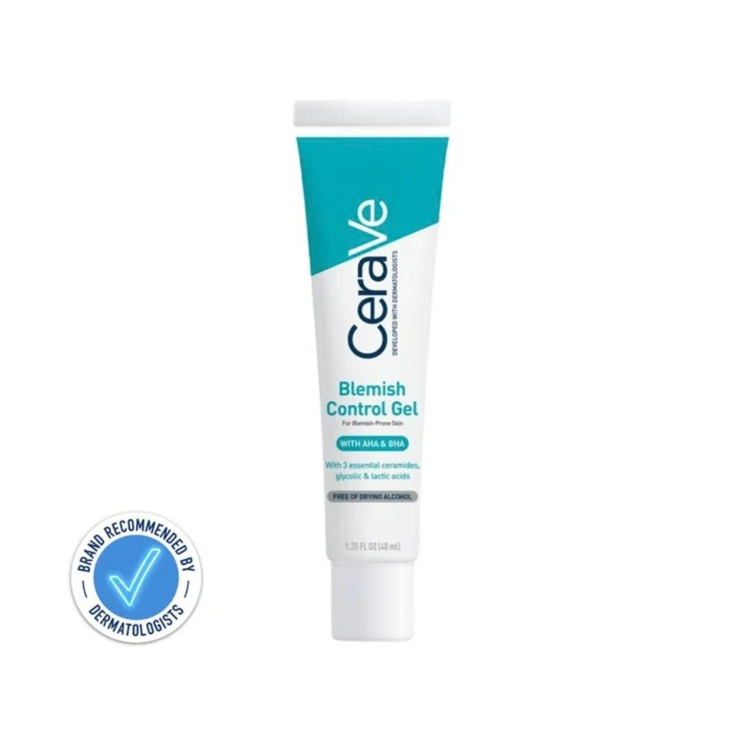 CeraVe Blemish Control Gel in a white squeeze tube with a teal and white label, shown on a white background with a blue 'Brand Recommended by Dermatologists' badge in the lower left.