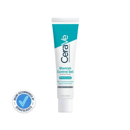 CeraVe Blemish Control Gel in a white squeeze tube with a teal and white label, shown on a white background with a blue 'Brand Recommended by Dermatologists' badge in the lower left.