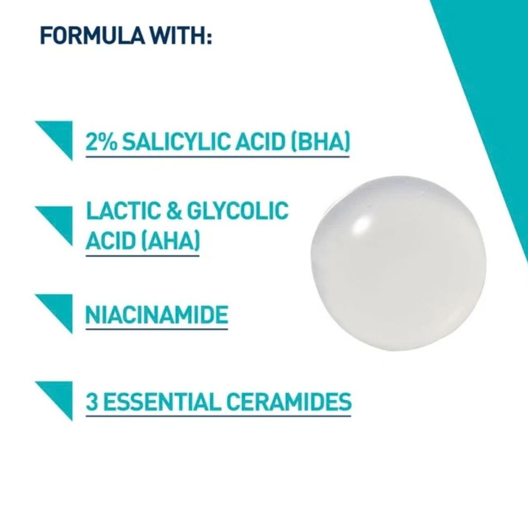 A product information graphic with text listing ingredients: 2% salicylic acid (BHA), lactic & glycolic acid (AHA), niacinamide, and 3 essential ceramides, alongside a translucent white cosmetic droplet on a white background with teal accents.
