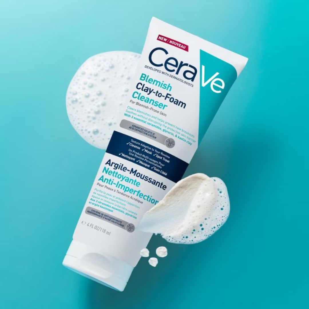 CeraVe blemish clay-to-foam cleanser on a blue background