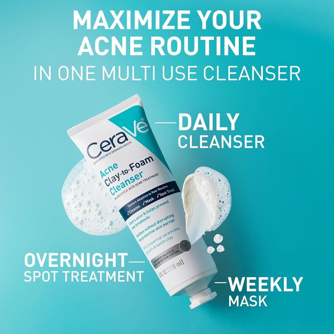 CeraVe acne cleanser with text on a blue background