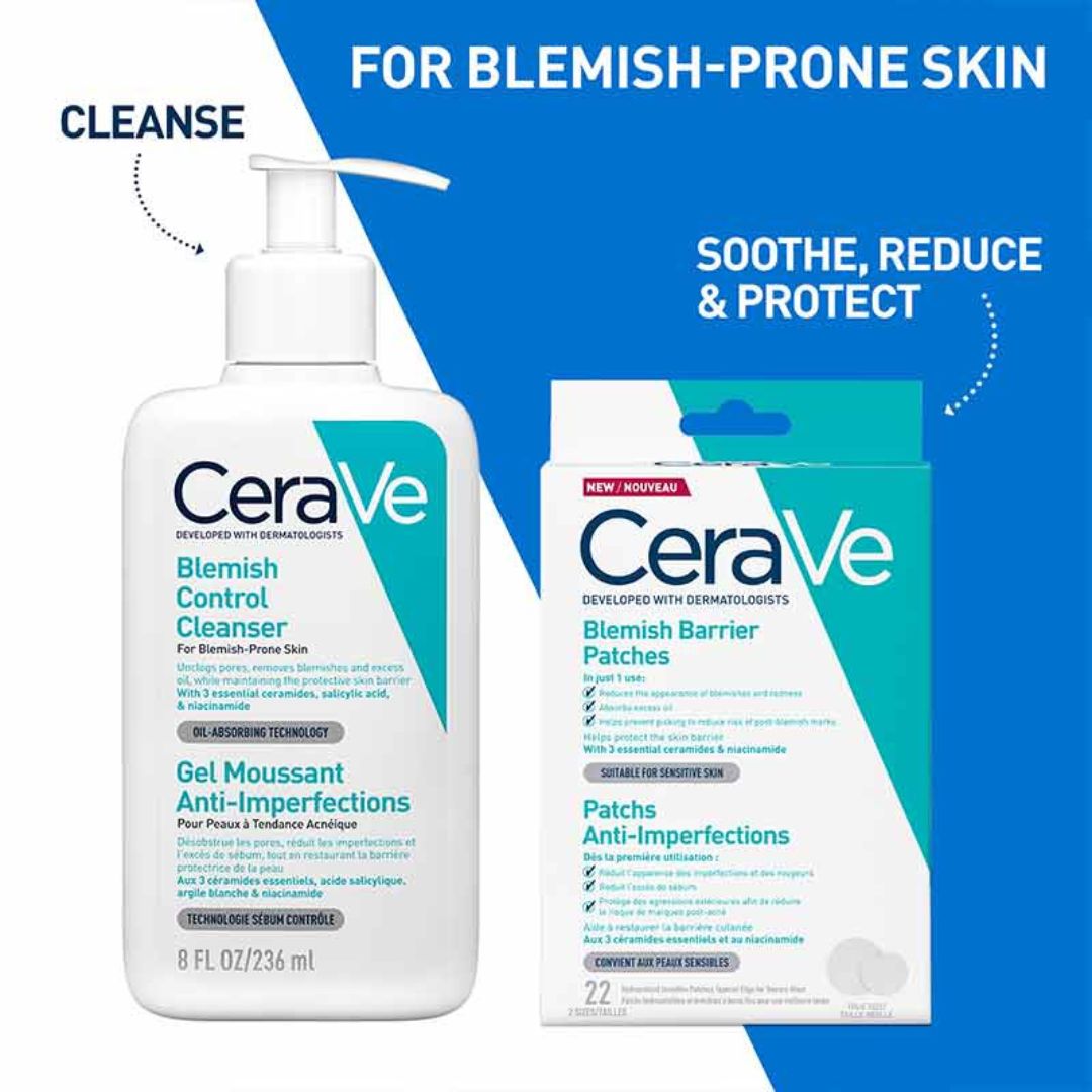 CeraVe blemish control cleanser and patches on a blue and white background