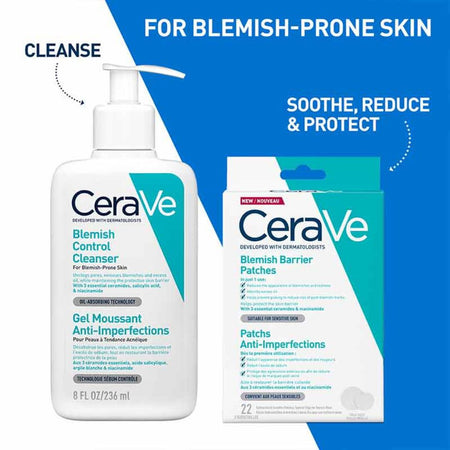 CeraVe blemish control cleanser and patches on a blue and white background
