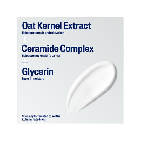 A skincare product graphic with text reading 'Oat Kernel Extract,' 'Ceramide Complex,' and 'Glycerin,' plus a white cream smear on a light gray background.
