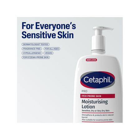 A bottle of Cetaphil Pro Itch Prone Skin Moisturising Lotion shown next to its white packaging box with blue text highlighting suitability for sensitive skin.