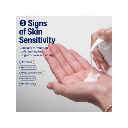 A hand holding an open palm while another hand dispenses white cream from a pump. Text on the left reads '5 Signs of Skin Sensitivity' with bullet points for dryness, roughness, weakened barrier, tightness, and irritation.