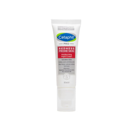 A 50 ml squeeze tube of Cetaphil Pro Redness Prone Skin Moisturizing Night Cream, shown on a clean white background.