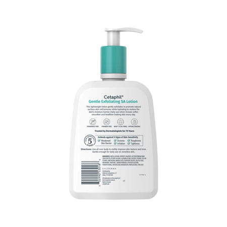 The back of a white Cetaphil Gentle Exfoliating SA Lotion bottle with a teal pump dispenser, shown on a plain white background.