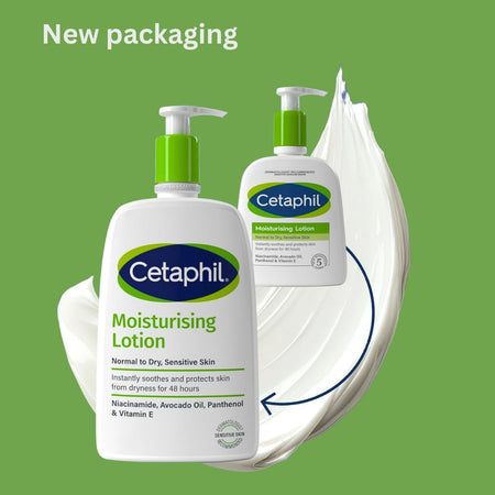 Cetaphil moisturizing lotion bottles with new packaging on a green background
