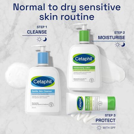 Cetaphil skincare products for normal to dry sensitive skin routine on a marble background
