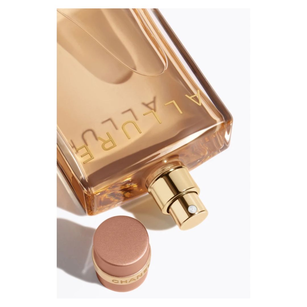Chanel Allure Eau De Parfum 100ml with cap off and on a white background