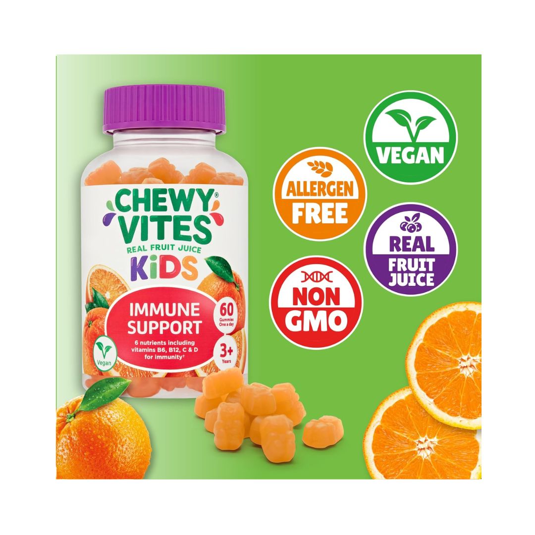 Chewy Vites Kids Immune Support Gummies contents information graphic on green background