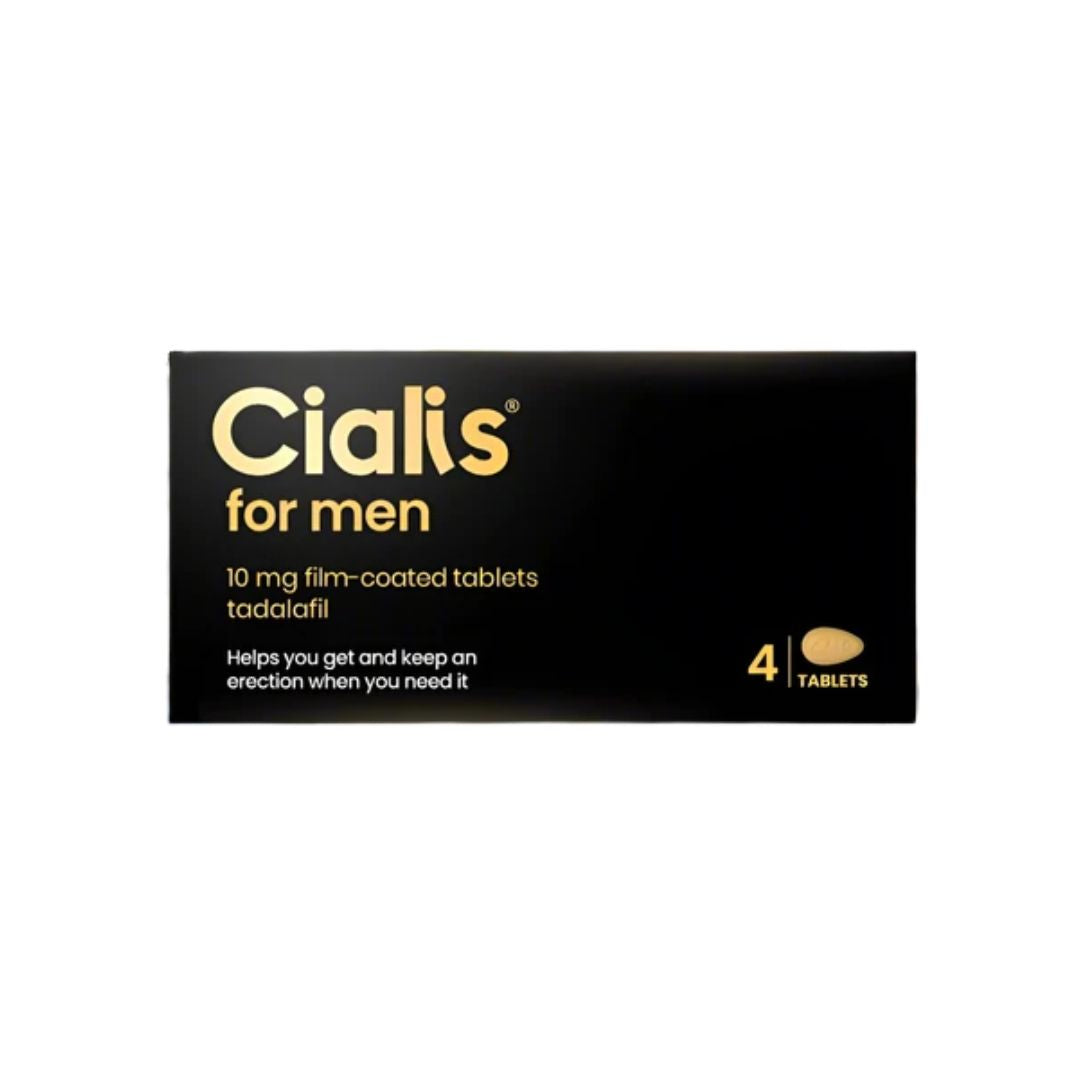 Cialis for men 4-tablet box on a plain white background. The packaging is black with gold and white text, featuring the Cialis brand name and a small graphic of a tan tablet.
