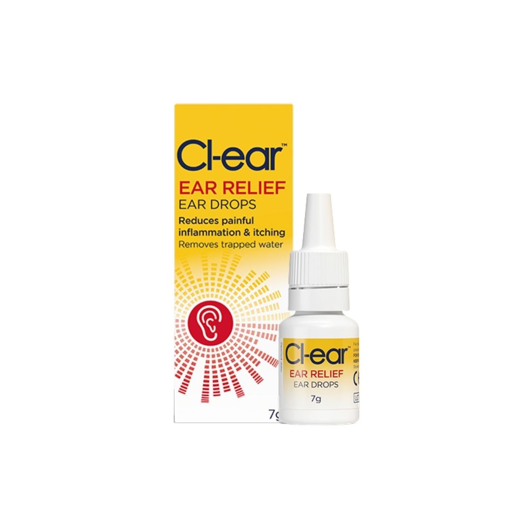 Cl-ear Ear Relief Drops packaging and bottle on a white background