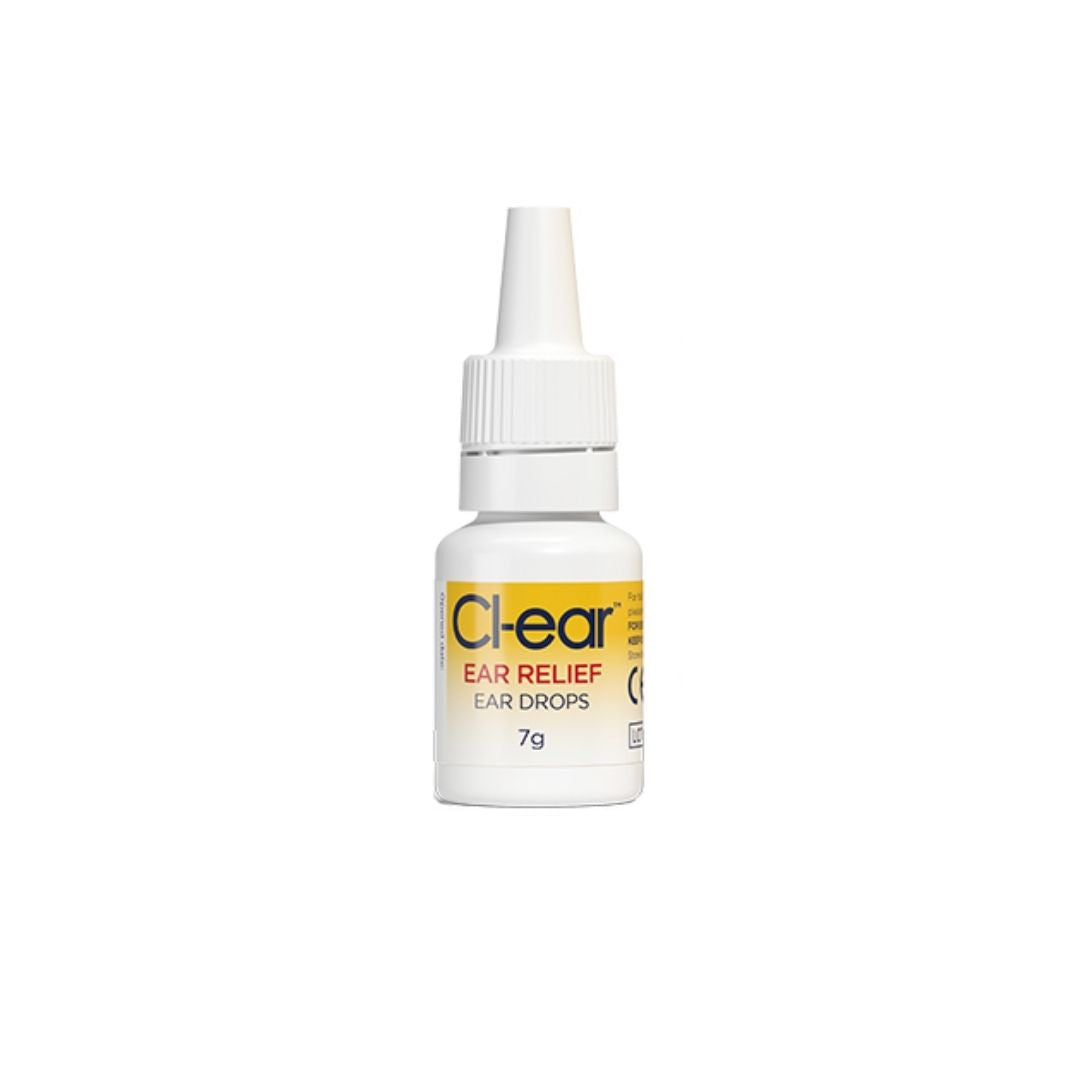 Cl-ear Ear Relief Drops bottle on a white background