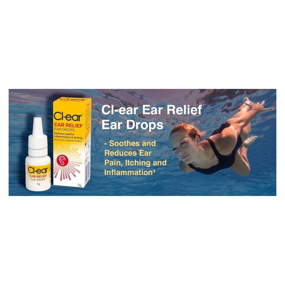 Cl-ear Ear Relief Drops bottle and packaging on a swimming pool image 