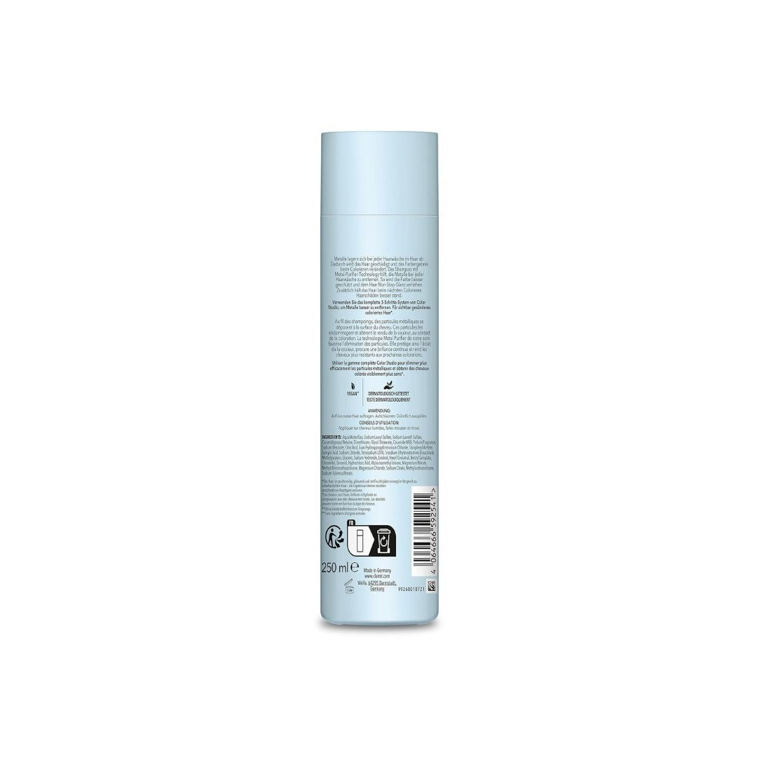 A light blue cylindrical bottle of hair product shown from the back, featuring detailed text, a barcode, and various certification logos on a plain white background.