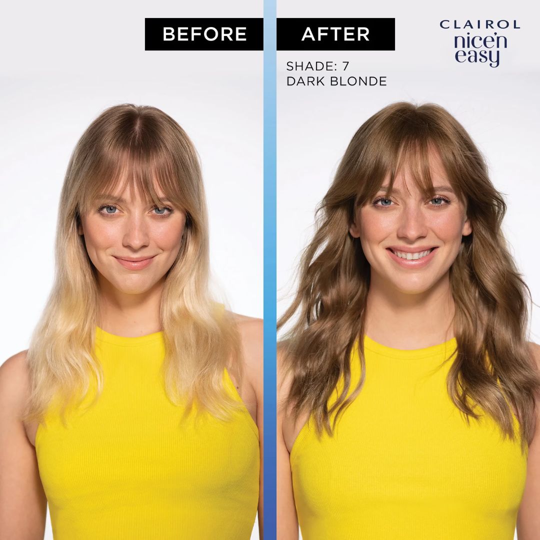 Before and after comparison of hair color change using Clairol Nice'n Easy, with a woman in a yellow top.