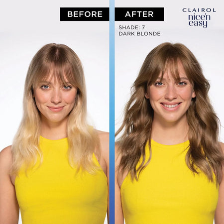Before and after comparison of hair color change using Clairol Nice'n Easy, with a woman in a yellow top.