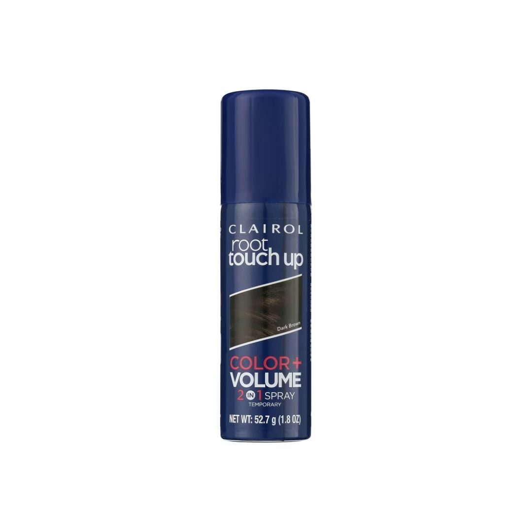 Clairol Root Touch Up Color + Volume 2-in-1 Spray in Dark Brown, shown in a dark blue cylindrical aerosol can on a plain white background.