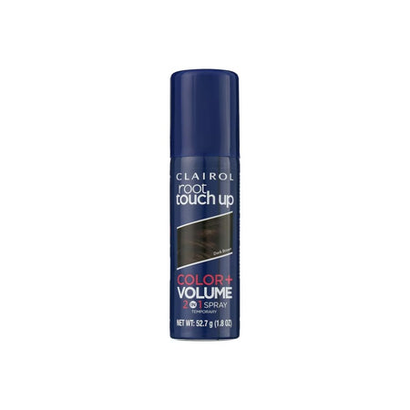 Clairol Root Touch Up Color + Volume 2-in-1 Spray in Dark Brown, shown in a dark blue cylindrical aerosol can on a plain white background.