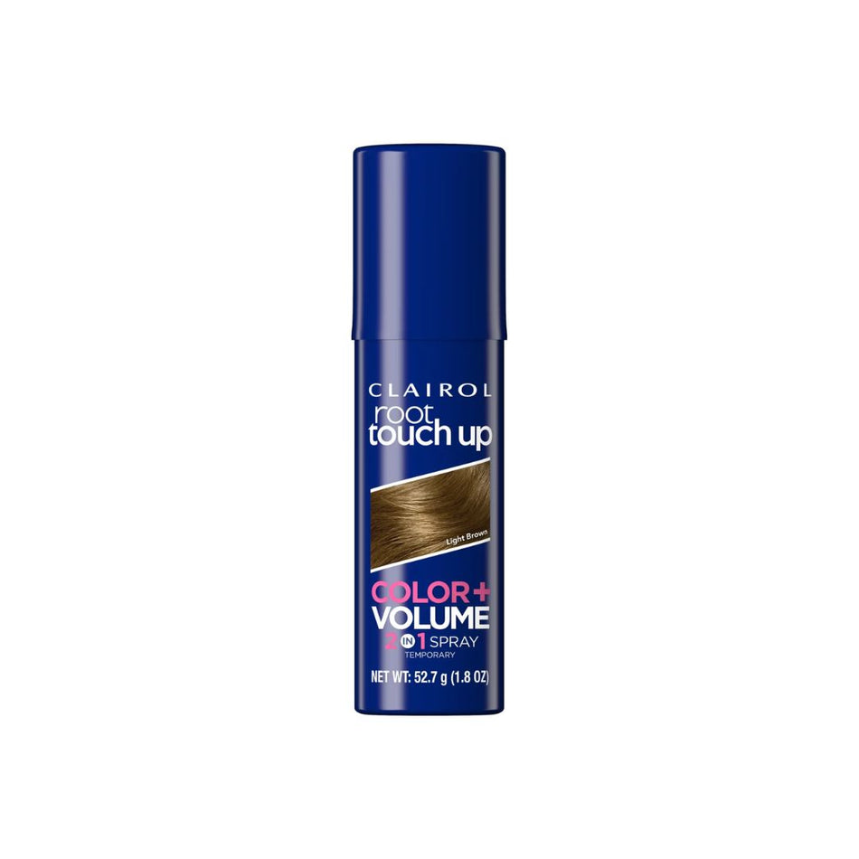 Clairoul Root Touch Up Color + Volume 1 Spray in a dark blue cylindrical bottle with white and pink text, shown on a plain white background.