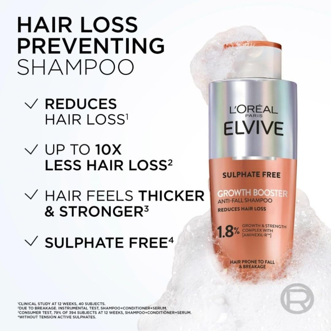 L'Oreal Elvive shampoo bottle with text highlighting hair loss prevention benefits on a white background