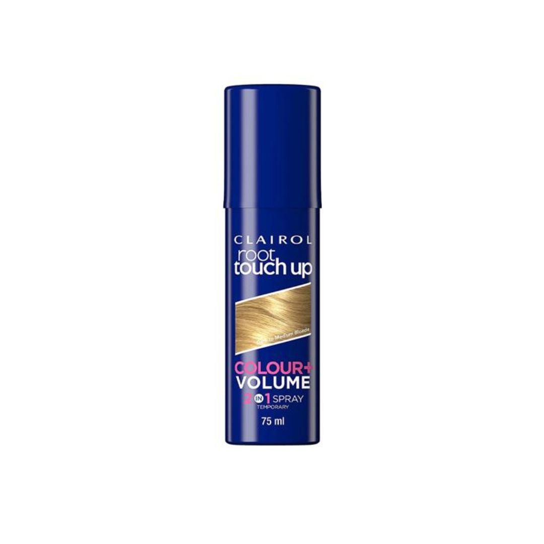 A 75 ml bottle of Clairol Root Touch Up Colour & Volume 1 Spray, featuring a dark blue cylindrical container with white and pink text and a gold hair swatch graphic, set against a plain white background.